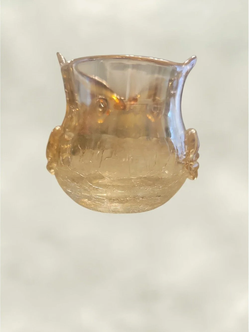 Set of 2 Amber Iridescent Crackle Glass Owl Votive Tealight Holders Pier